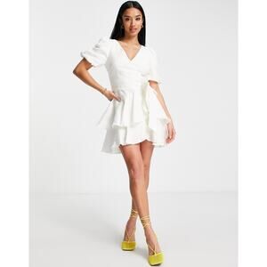 Ever New Linen Dress Size 4 White Puff Sleeve Tiered Wrap Mini Tie Waist